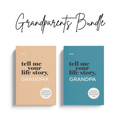 Two books titled 'tell me your life story, Grandma' and 'tell me your life story, Grandpa' on a white background.